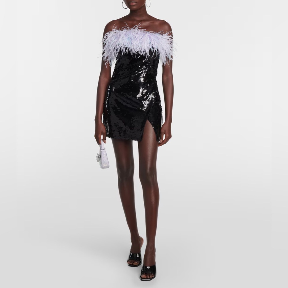 Self Portrait Feather-Trimmed Sequin Mini Dress